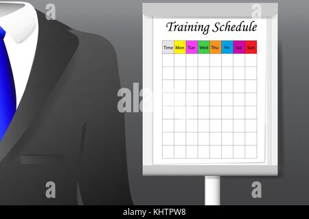 Concept of men`s  suit with shirt and tie standing next to the flip chart with blank Training Schedule. Stock Vector
